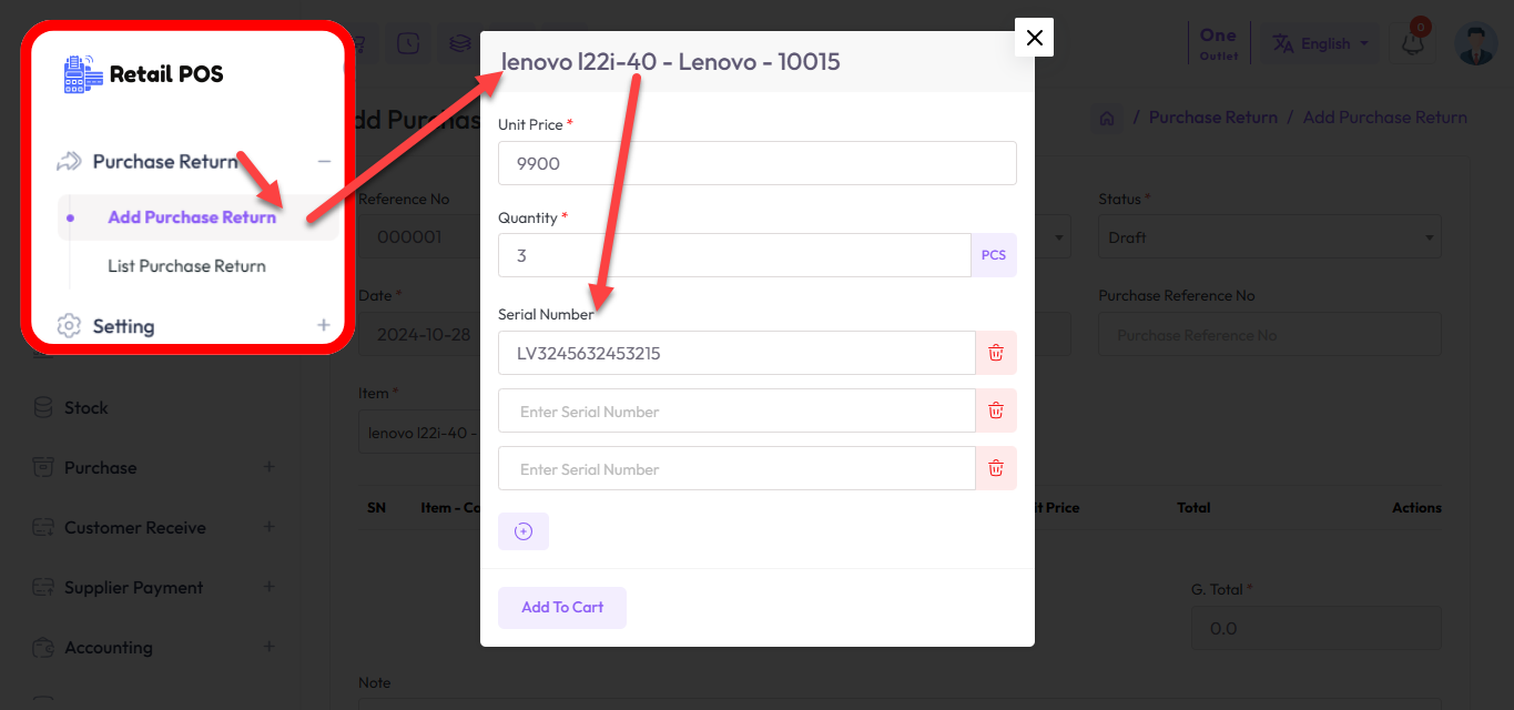 Serial Purchase Return Stock